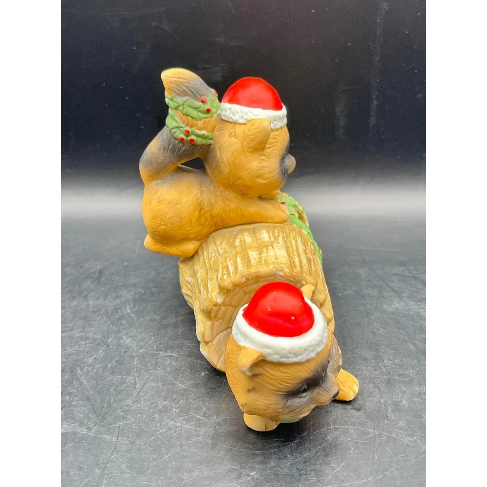 Vtg RR Roman Ceramic Raccoon Log‎ Christmas Holiday Figurine Santa Hats 5